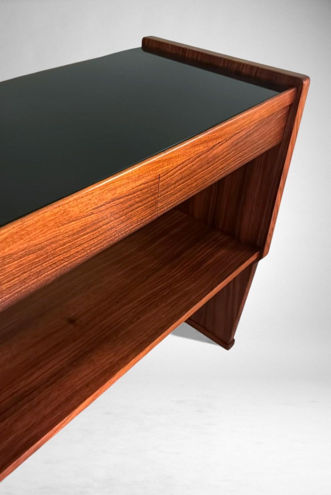 photo vintage Mid Century Modern Italian Console In Red Walnut With Black Glass Top
