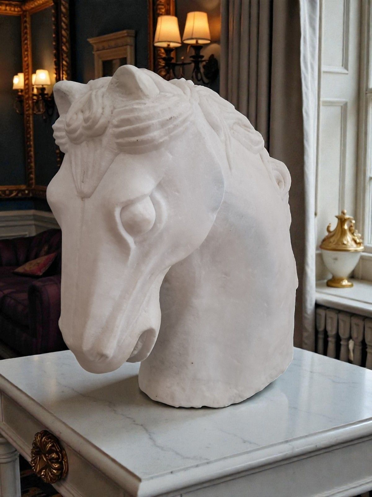 Vintage Large Horse Head Bust Sculpture White Marble Ancient Greek Style 35cm photo 350.0