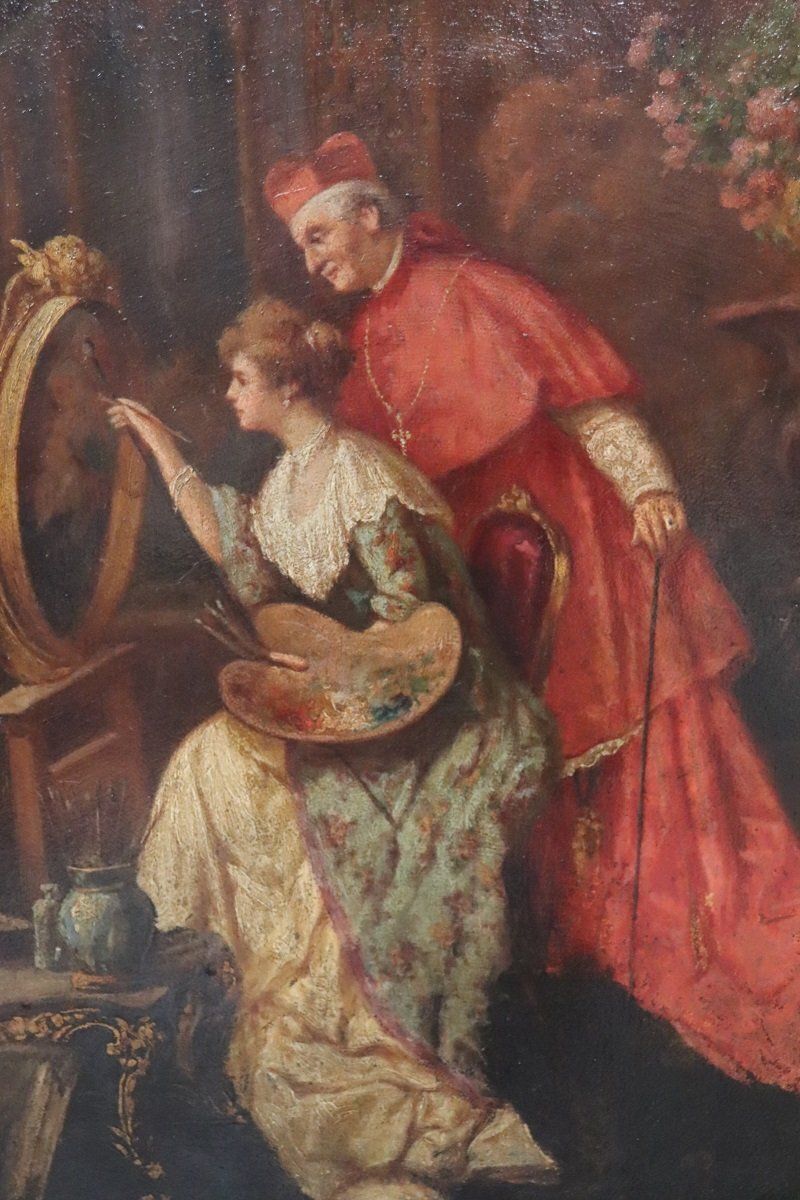 Italian School Artist, Young Woman Painter With Cardinal, Oil Painting On Cardboard, 19th Century, Framed photo for sale