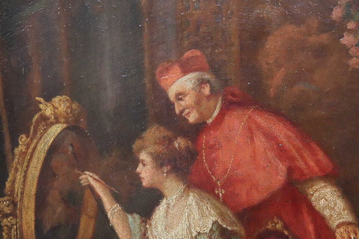 Italian School Artist, Young Woman Painter With Cardinal, Oil Painting On Cardboard, 19th Century, Framed photo Art