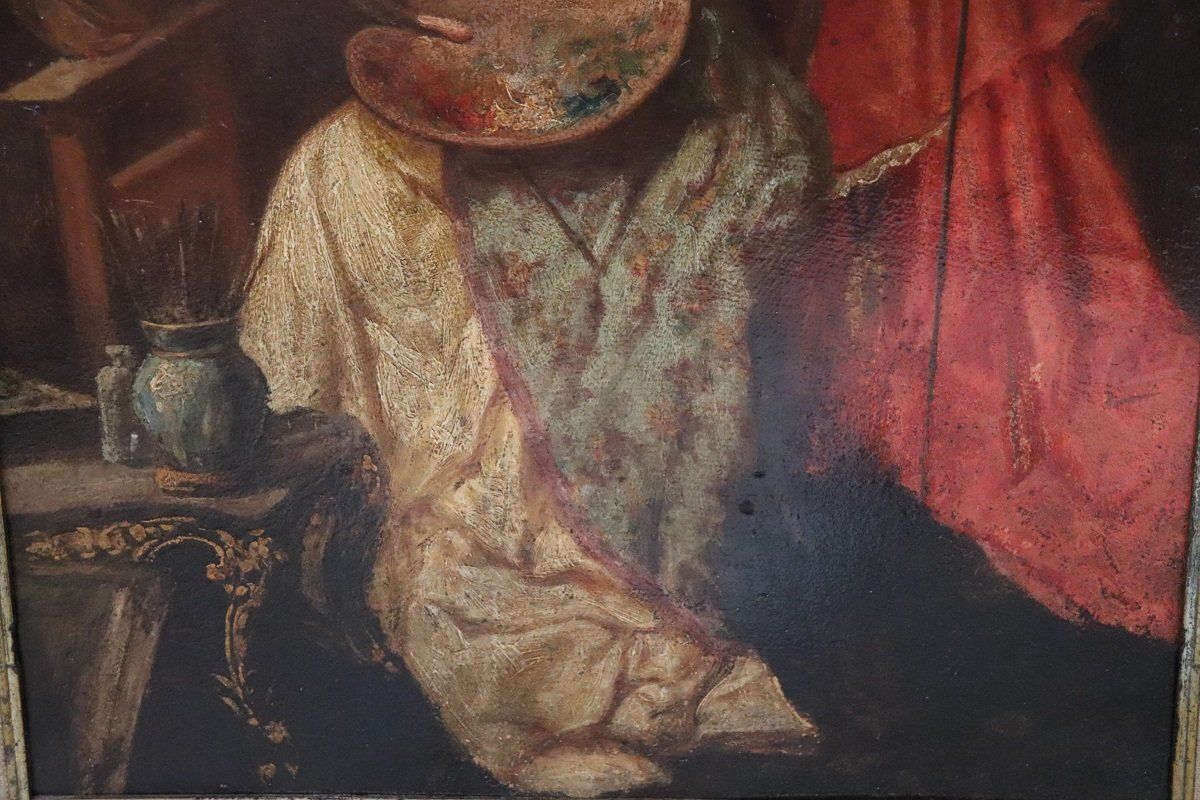 Italian School Artist, Young Woman Painter With Cardinal, Oil Painting On Cardboard, 19th Century, Framed photo vintage
