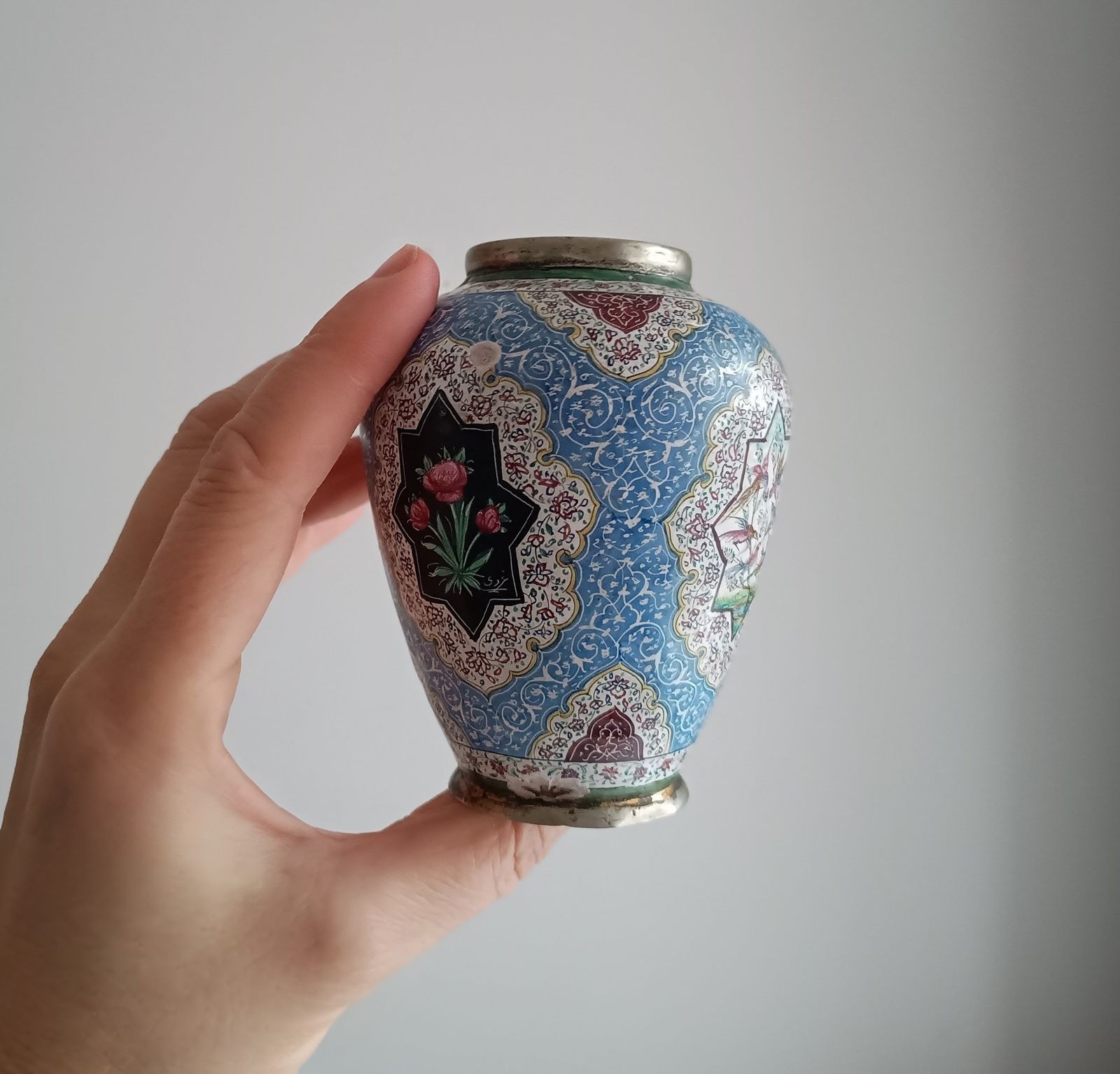 Antique Persian Enamelled Miniature Copper Vase: Isfahan  Hand Painted Birds And Flowers, Qajar Era C. 1900