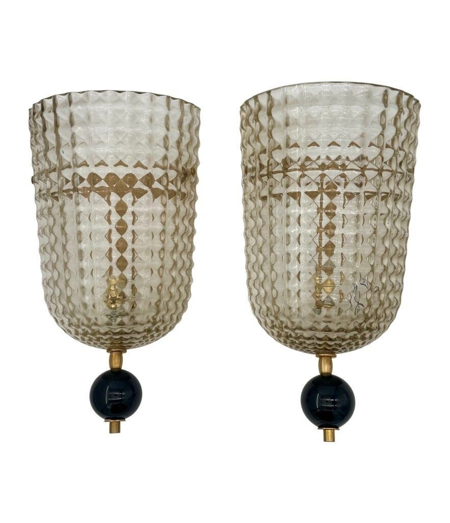A Pair Of Art Deco Style Smoked Murano Glass Wall Sconces With Black Glass Detail.