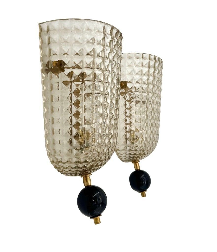A Pair Of Art Deco Style Smoked Murano Glass Wall Sconces With Black Glass Detail. photo for sale