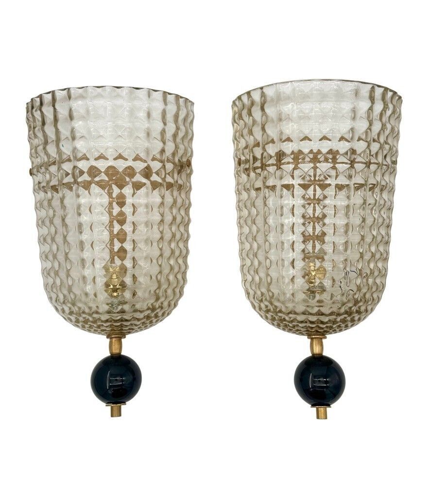 A Pair Of Art Deco Style Smoked Murano Glass Wall Sconces With Black Glass Detail. photo Lighting