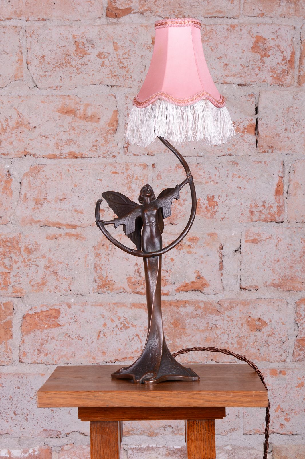 Original Art Nouveau Table Lamp, Brass, Textile Lampshade, Austria, 1910s photo for sale