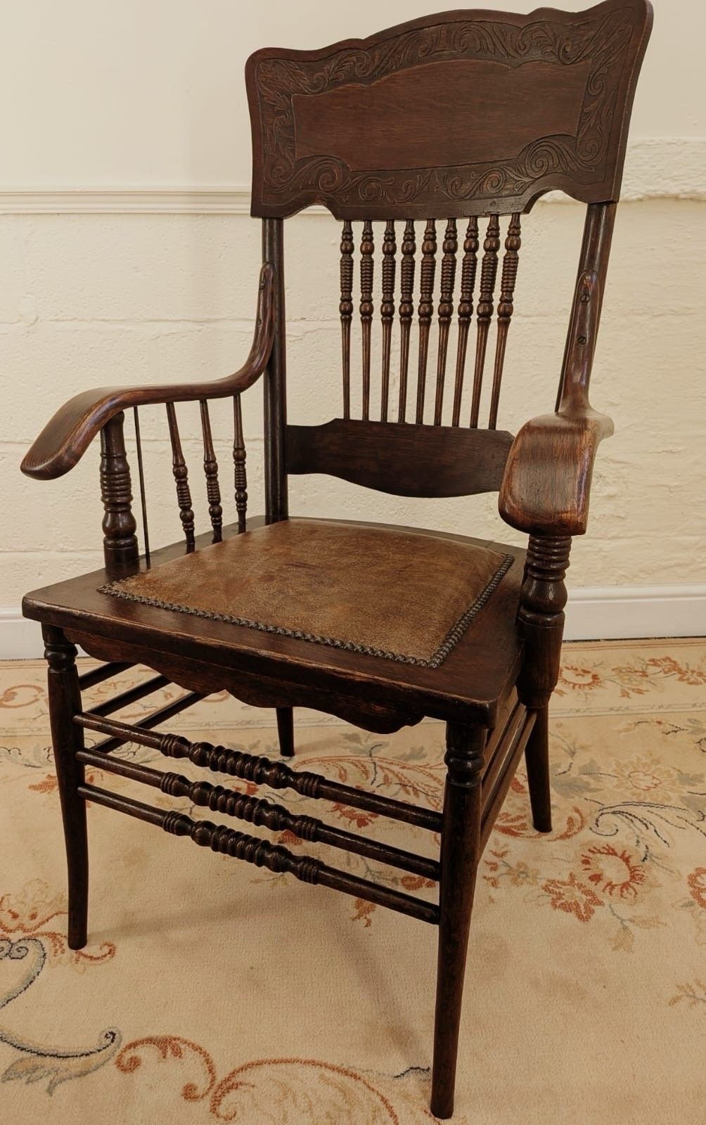 Victorian Carved Oak Vernacular Spindle Back Arm Chair