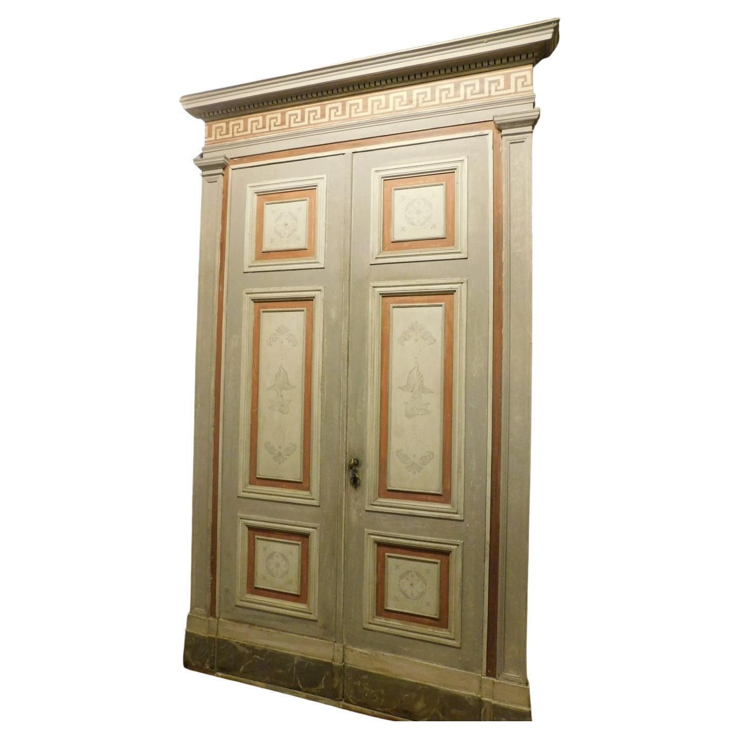 Porta Doppia In Legno Solido, Pannelli Dipinti Con Pesci E Cornici, Italia