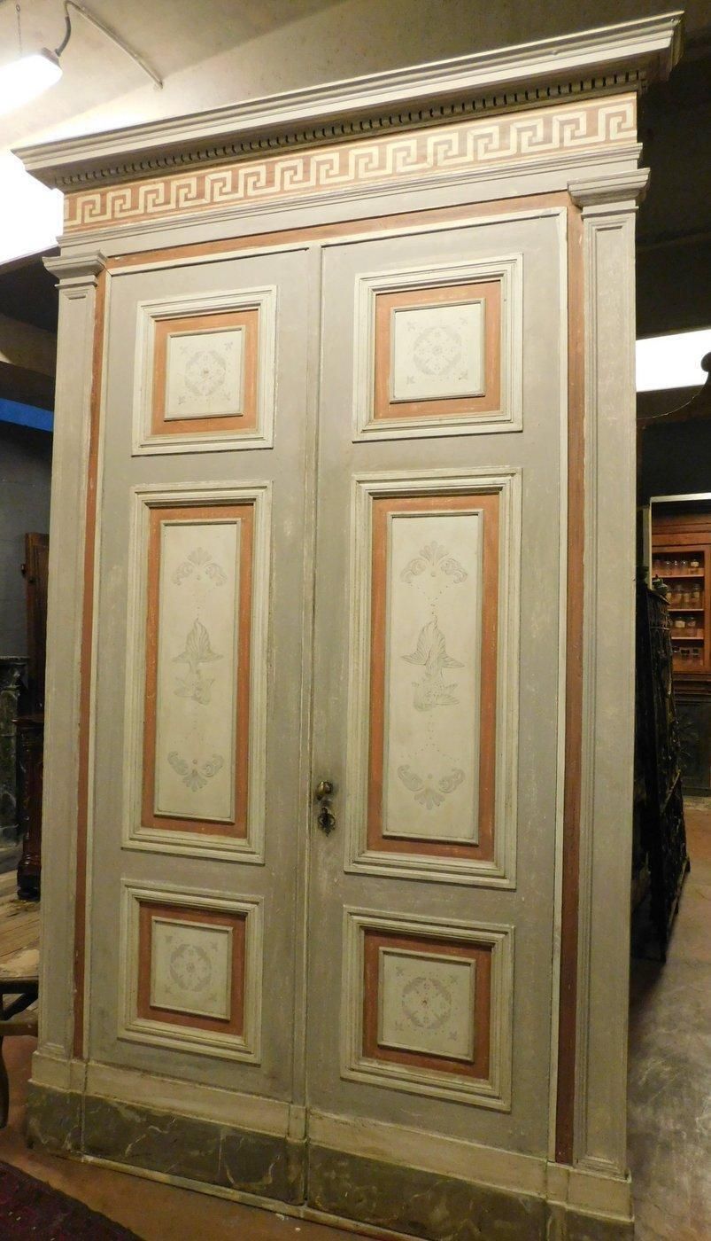 Porta Doppia In Legno Solido, Pannelli Dipinti Con Pesci E Cornici, Italia photo furniture