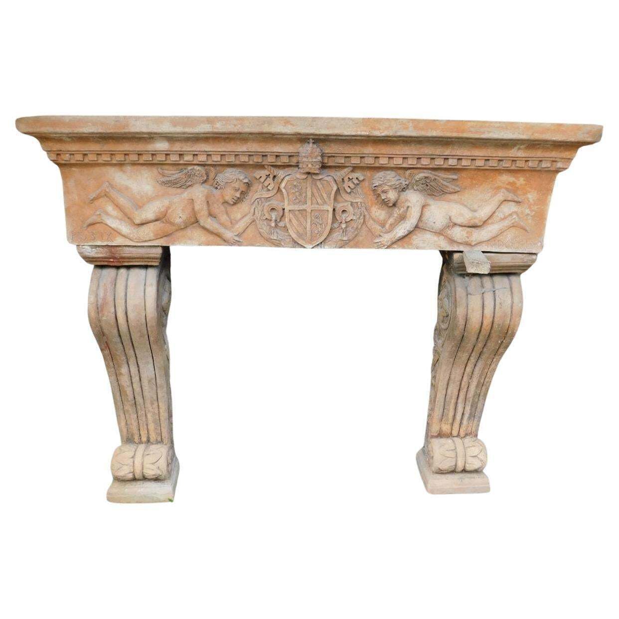 Fireplace Mantle In Terracotta Carved With Cherubs, Italy