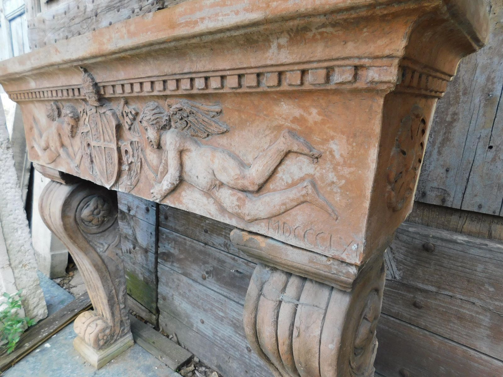 Fireplace Mantle In Terracotta Carved With Cherubs, Italy photo vintage
