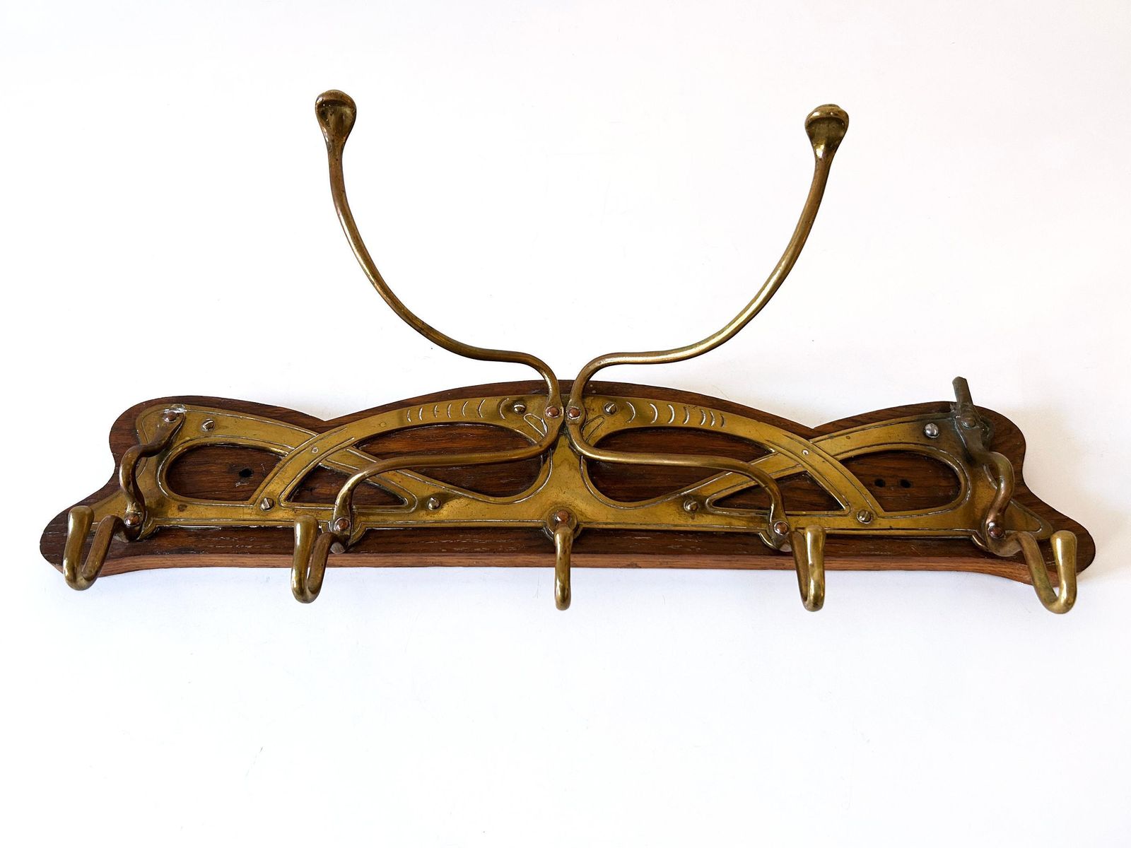 Original Art Nouveau Brass & Wood Coat Rack Or Hanger Germany 1900s photo 1771.0