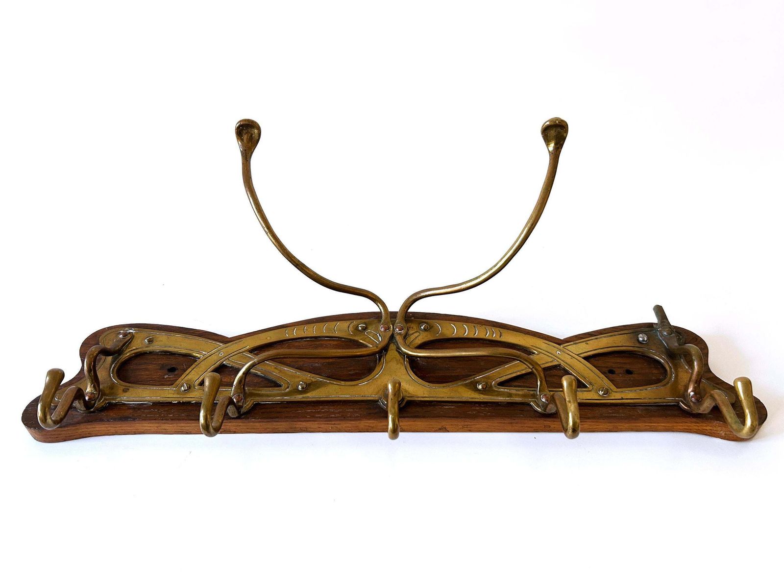Original Art Nouveau Brass & Wood Coat Rack Or Hanger Germany 1900s photo vinterior