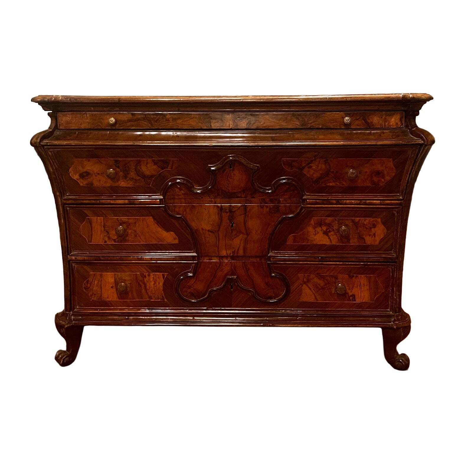 Elegante Comò Cassettiera Lombarda In Noce E Radica Di Noce, Italia
