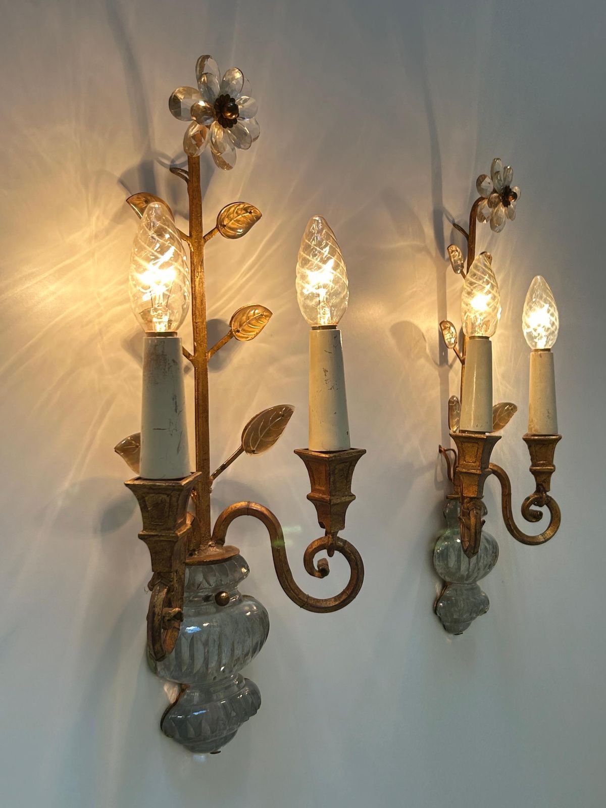 Set Of Two Banci Firenze Crystal & Gilt Metal Sconces Or Wall Lamps 1960s Italy photo vintage