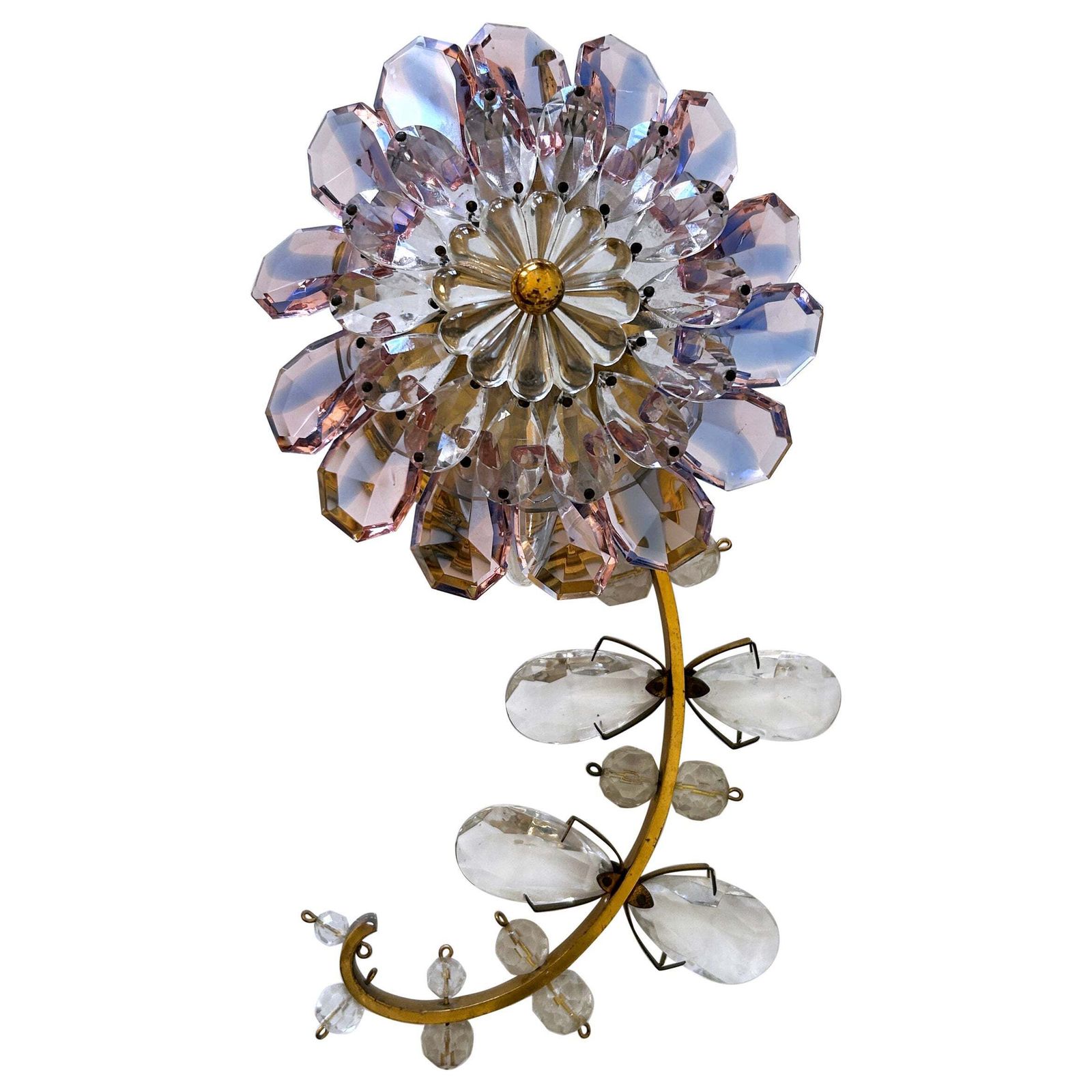 Amazing Palwa Iridescent Crystal Glass & Brass Flower Sconce Or Wall Lamp 1960s