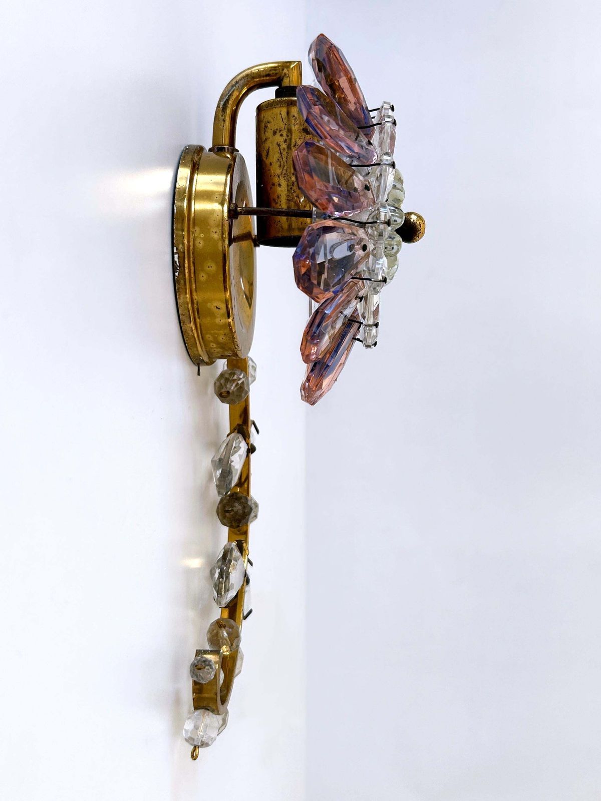 photo for sale Amazing Palwa Iridescent Crystal Glass & Brass Flower Sconce Or Wall Lamp 1960s