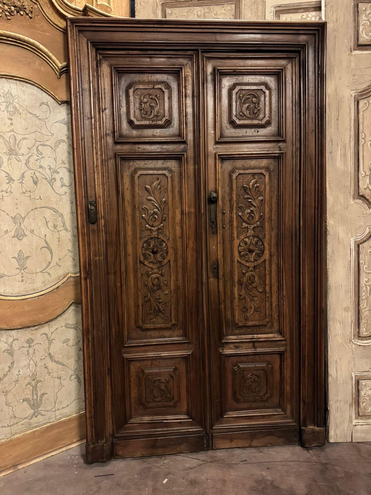 Walnut Double Door With Frame, Richly Carved, Italy photo for sale