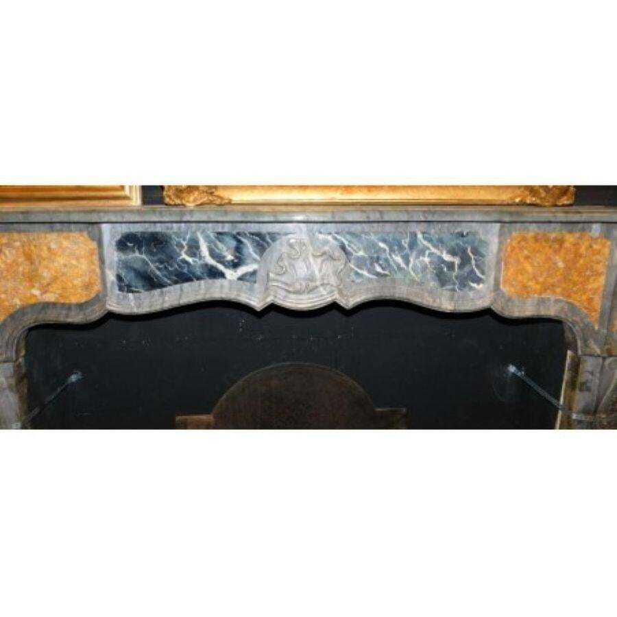 Fireplace Mantel In Inlaid Gray, Black And Yellow Marble, Carved Shell, Italy photo 5402.0