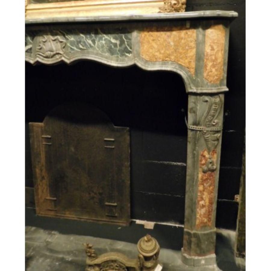 Fireplace Mantel In Inlaid Gray, Black And Yellow Marble, Carved Shell, Italy photo buy