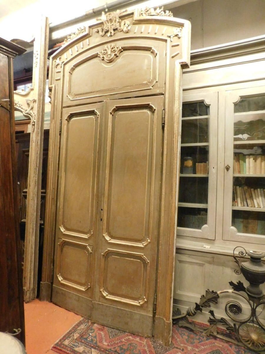 Set N.4 Doors Wood Lacquered Gold Green With Glass And Big Frame, Milan Italy photo vinterior