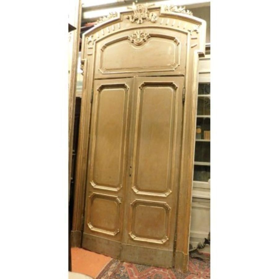 Home Fixtures Set N.4 Doors Wood Lacquered Gold Green With Glass And Big Frame, Milan Italy photo