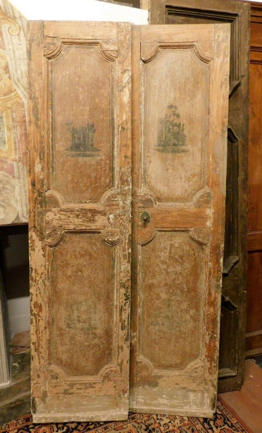 Beige Lacquered Double Door With Sculptures Painted, Italy photo for sale