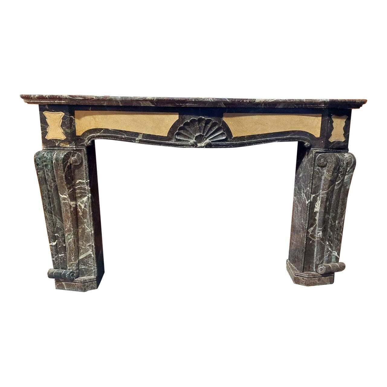 Art Deco Fireplace Mantel Inlaid Red And Yellow Marble, Rough, Italy