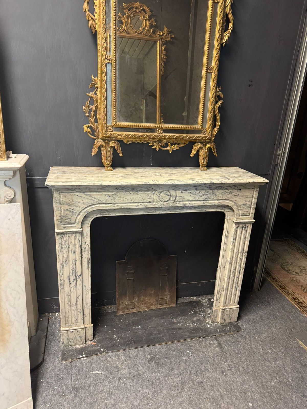 White Veined Marble Mantle Fireplace, Carved Pompadour, Italy photo for sale