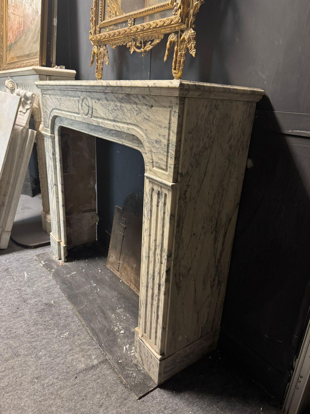 White Veined Marble Mantle Fireplace, Carved Pompadour, Italy photo 4372.0
