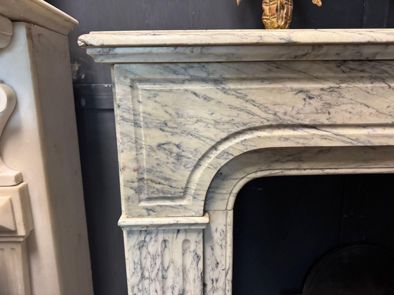 White Veined Marble Mantle Fireplace, Carved Pompadour, Italy photo vinterior
