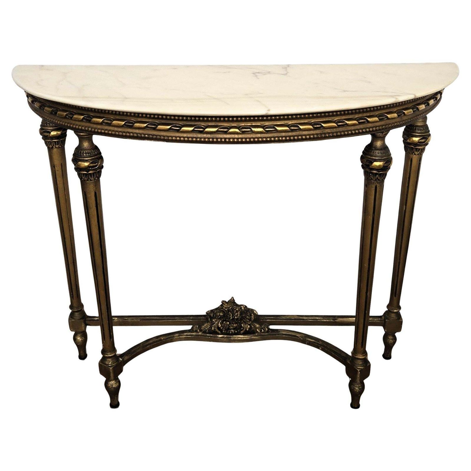 1950s Midcentury Italian Gitl Wood Demi Lune Wall Console Table With Marble Top