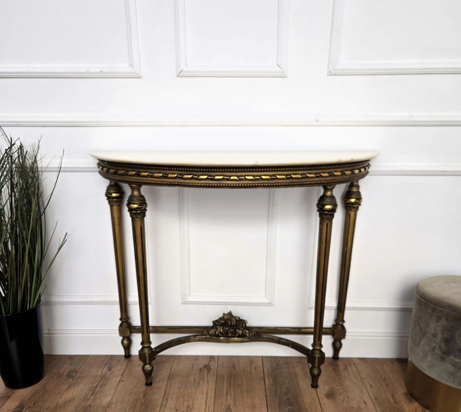 1950s Midcentury Italian Gitl Wood Demi Lune Wall Console Table With Marble Top photo vinterior