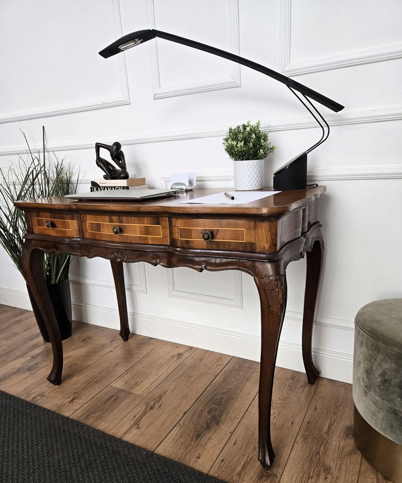 Antique Italian Kidney Shaped Inlay Walnut Burl Wood Writing Desk Table photo for sale