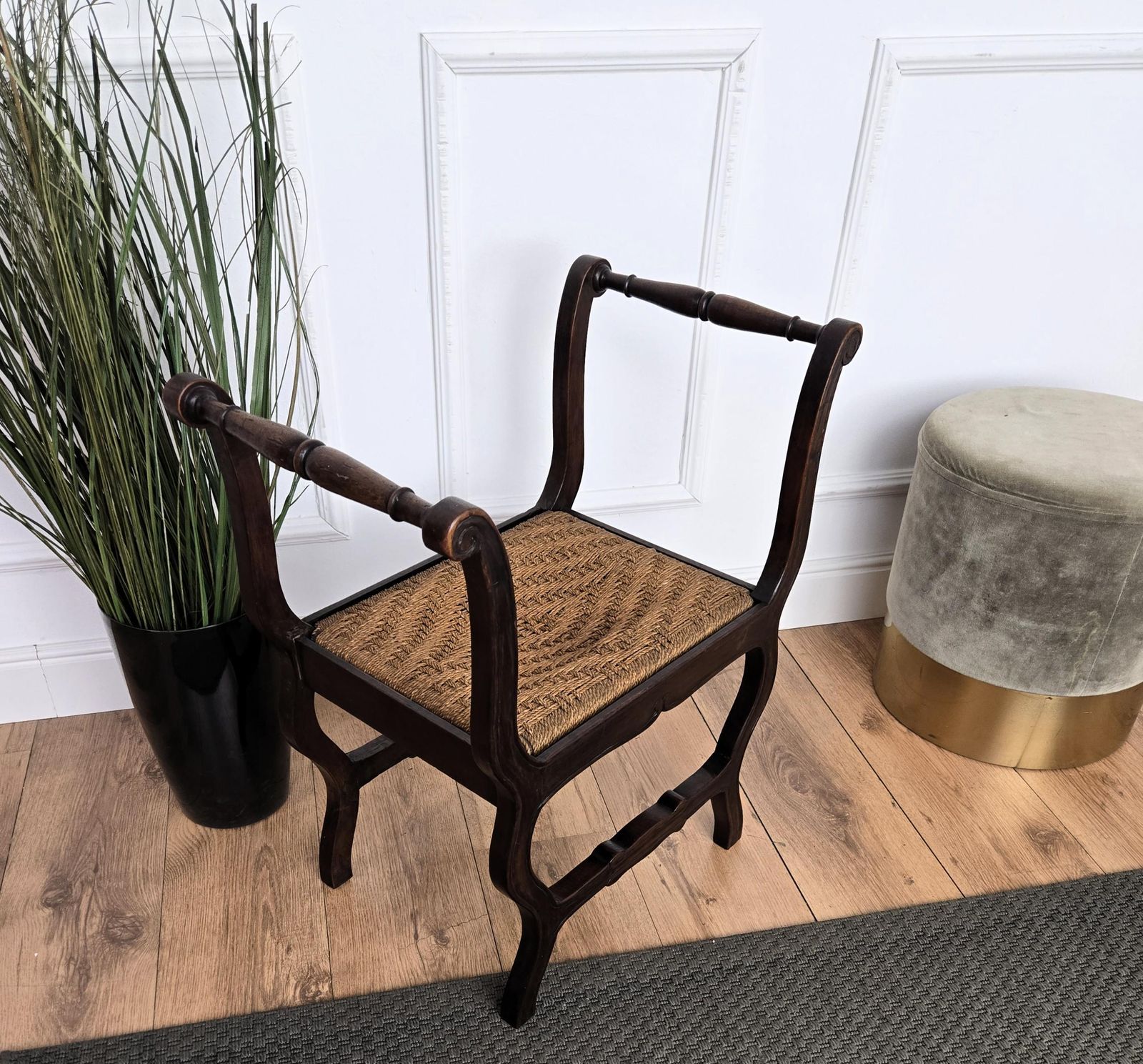 1960s Italian Midcentury Carved Wood And Cord Woven Rope Stool photo 885.0