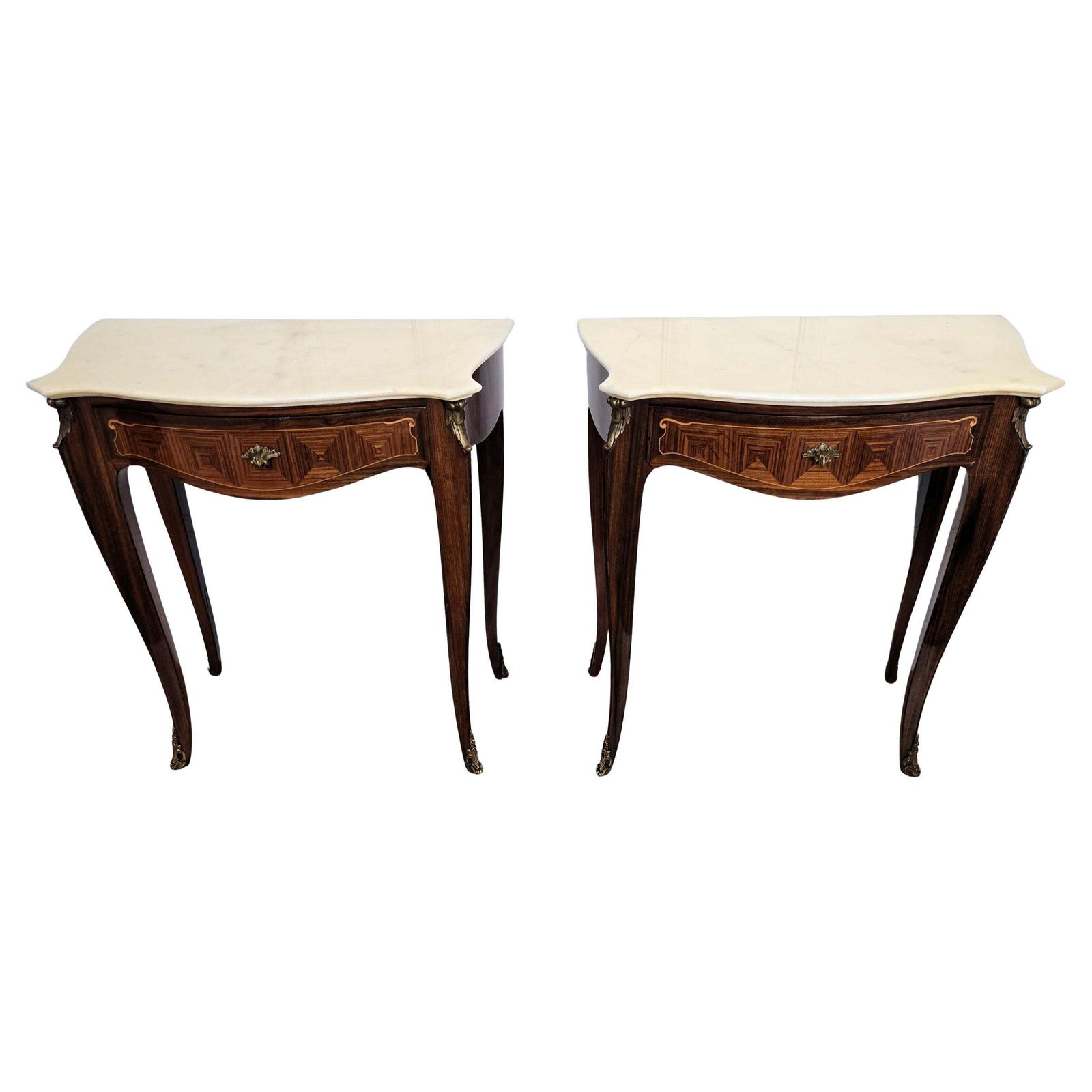 Pair Of Italian Mid Century Wood Marble Top Night Stands Bedside Tables