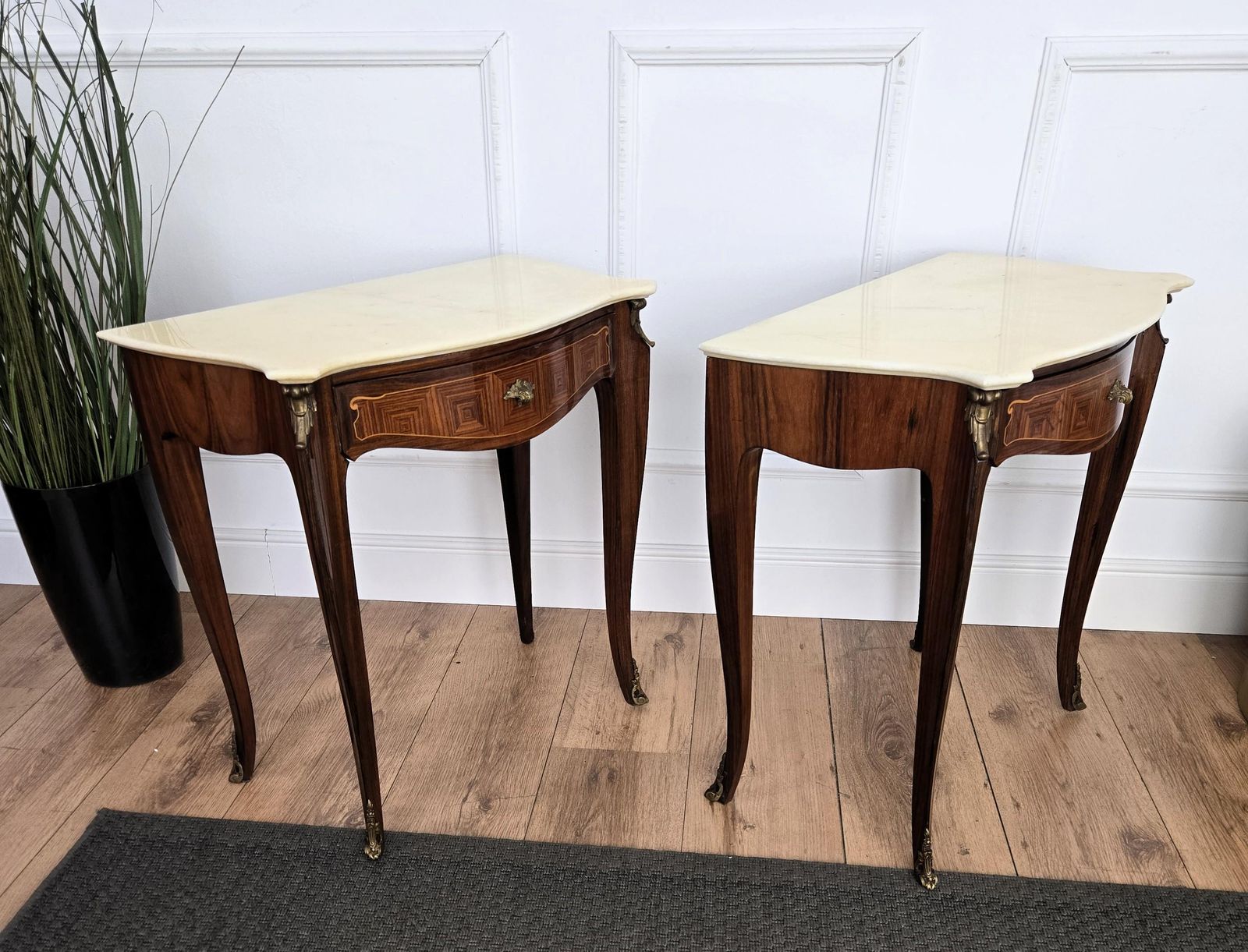 Pair Of Italian Mid Century Wood Marble Top Night Stands Bedside Tables photo vintage