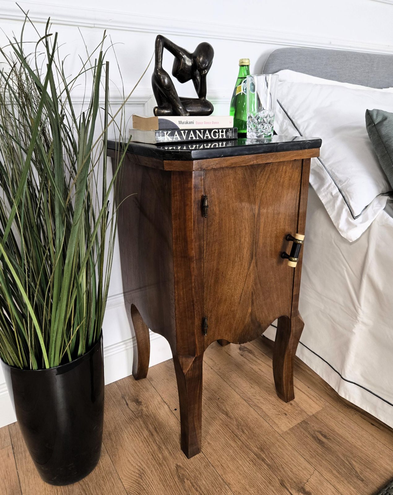 Pair Of Italian Art Deco Night Stands Bed Tables In Burl Walnut Black Marble Top photo furniture