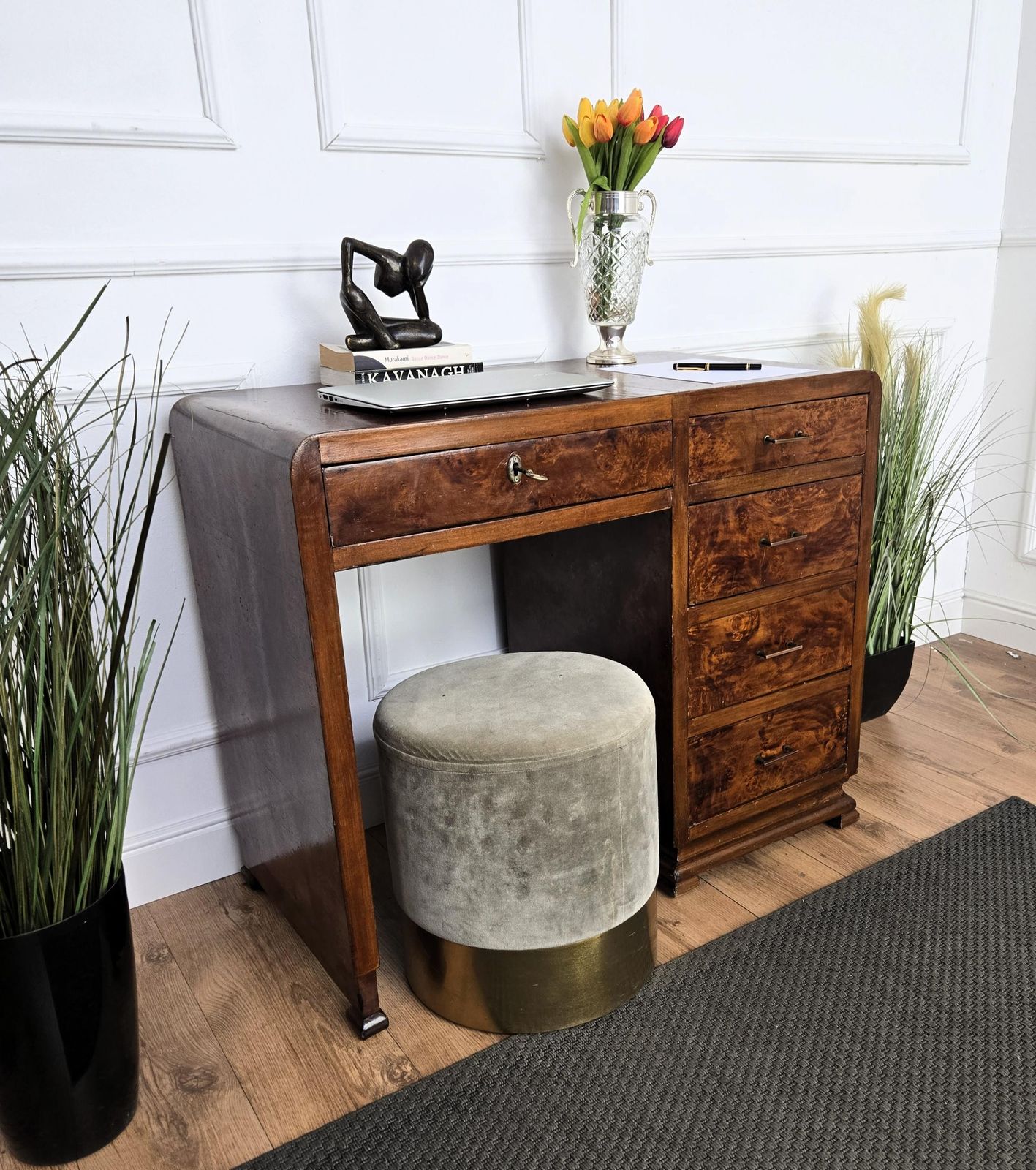 1940s Art Deco Midcentury Italian Walnut Burl Waterfall Writing Desk Table photo furniture