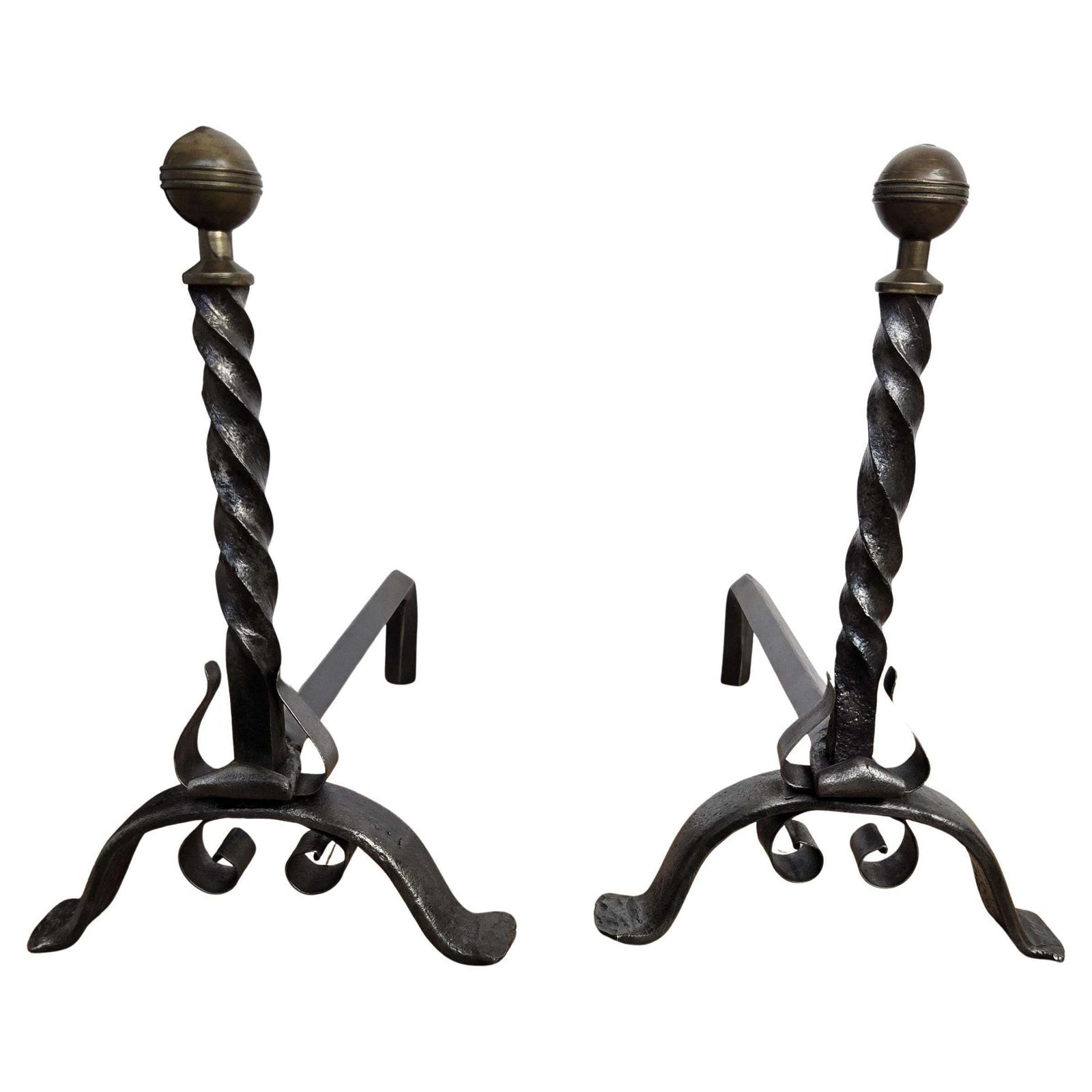 Pair Of Antique Italian Turned Wrought Iron Andirons Fireplace Log Holder