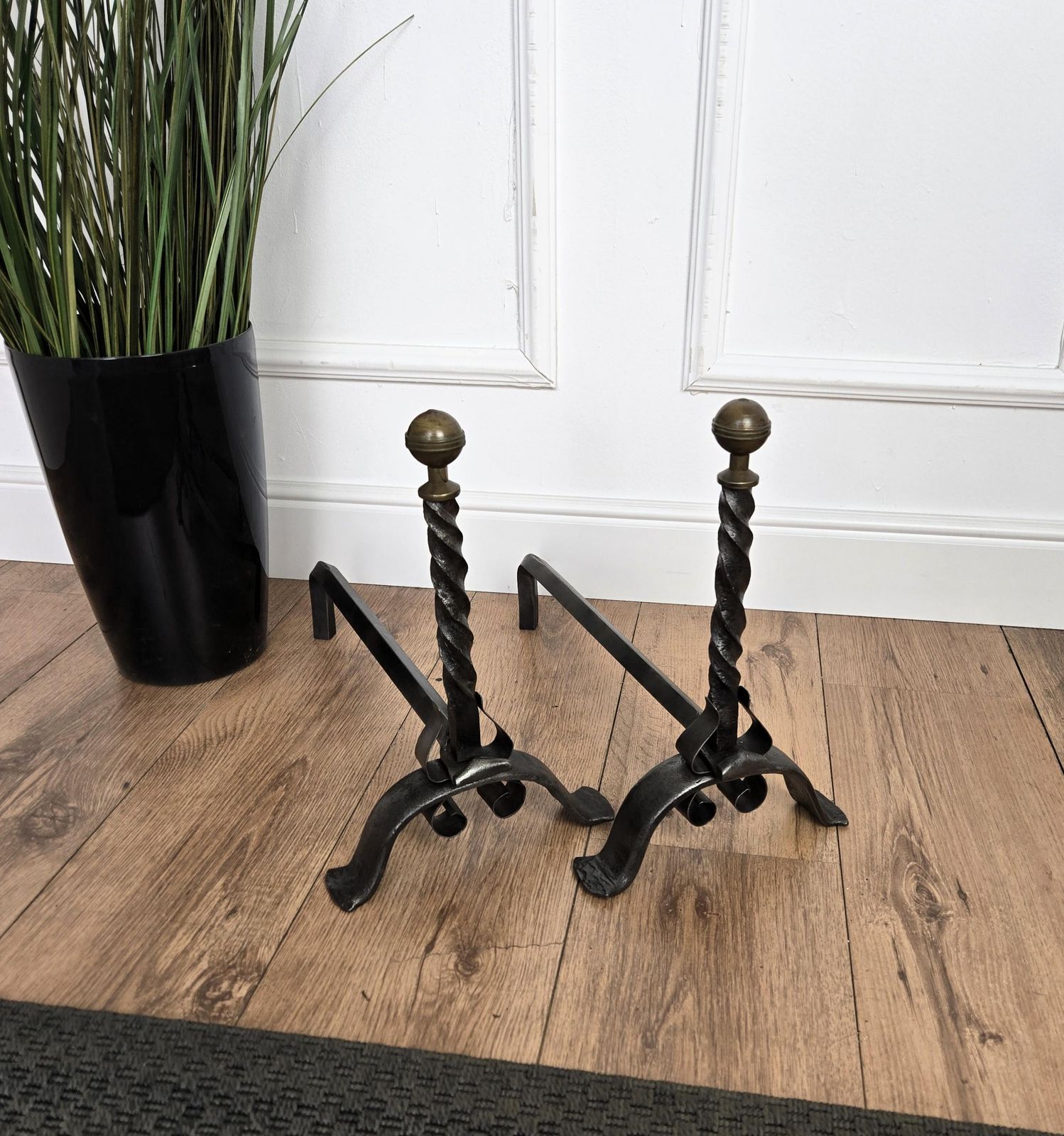 Pair Of Antique Italian Turned Wrought Iron Andirons Fireplace Log Holder photo for sale