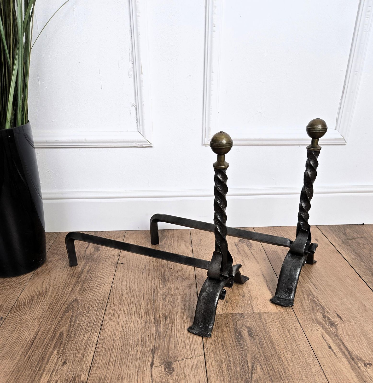Pair Of Antique Italian Turned Wrought Iron Andirons Fireplace Log Holder photo Home Fixtures