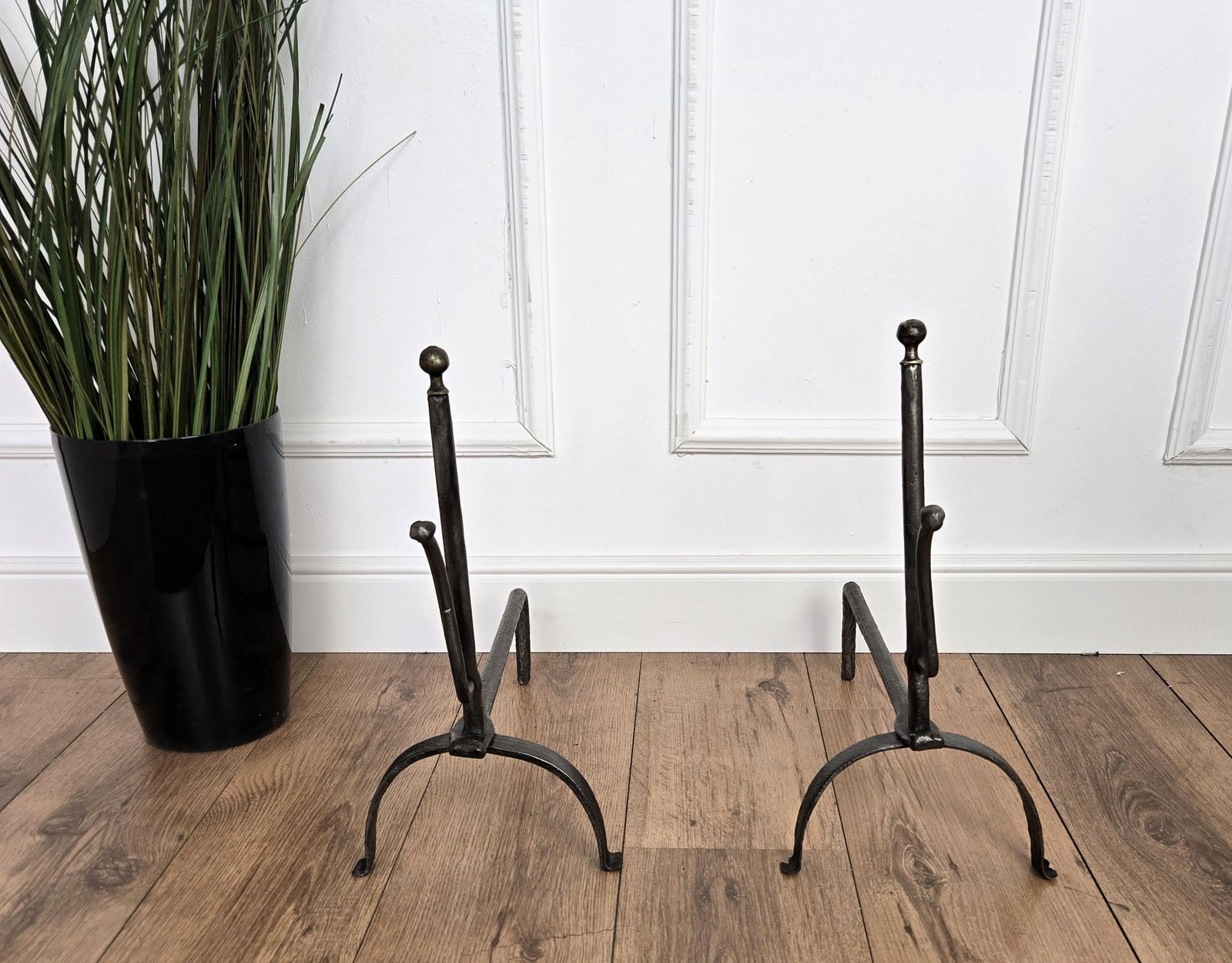 Pair Of Antique Italian Wrought Iron Andirons Fireplace Log Holder photo for sale