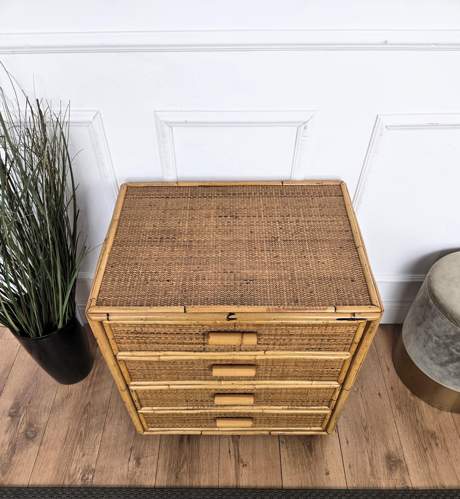 1960s Italian Bamboo & Rattan Bohemian French Riviera Commode Four Drawers Chest photo vintage