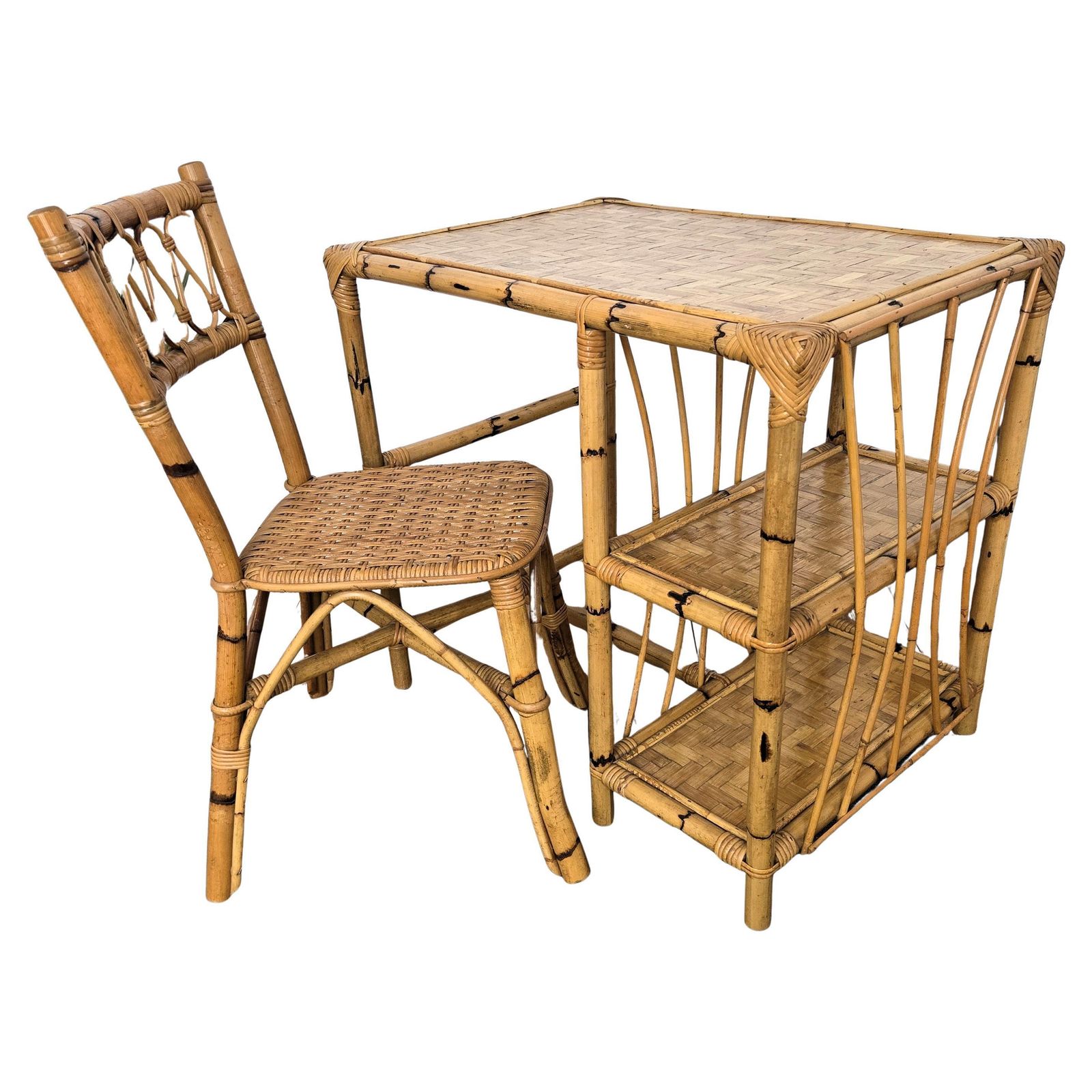 Mid Century Bamboo, Wood And Rattan Writing Table Desk With Chair, Italy 1970s