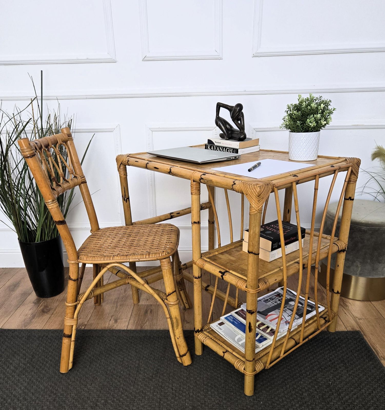 Mid Century Bamboo, Wood And Rattan Writing Table Desk With Chair, Italy 1970s photo furniture