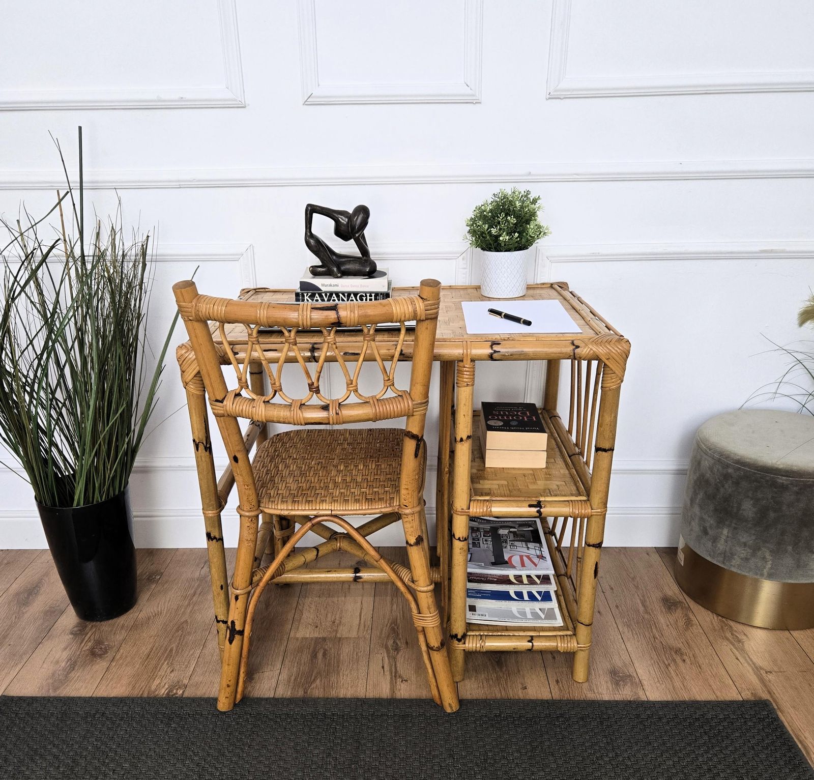 Mid Century Bamboo, Wood And Rattan Writing Table Desk With Chair, Italy 1970s photo Furniture