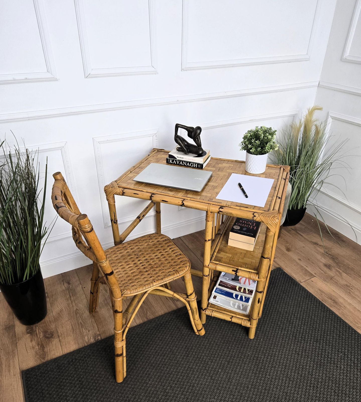 Mid Century Bamboo, Wood And Rattan Writing Table Desk With Chair, Italy 1970s photo 1408.0