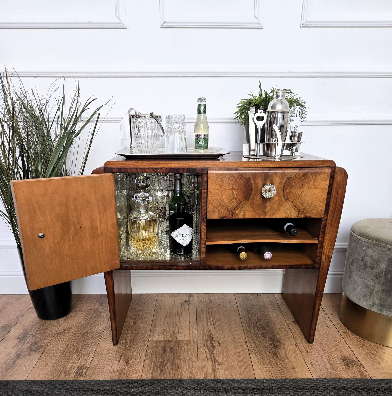 Italian 1940s Art Deco Midcentury Walnut Waterfall Dry Bar Cocktail Cabinet photo for sale