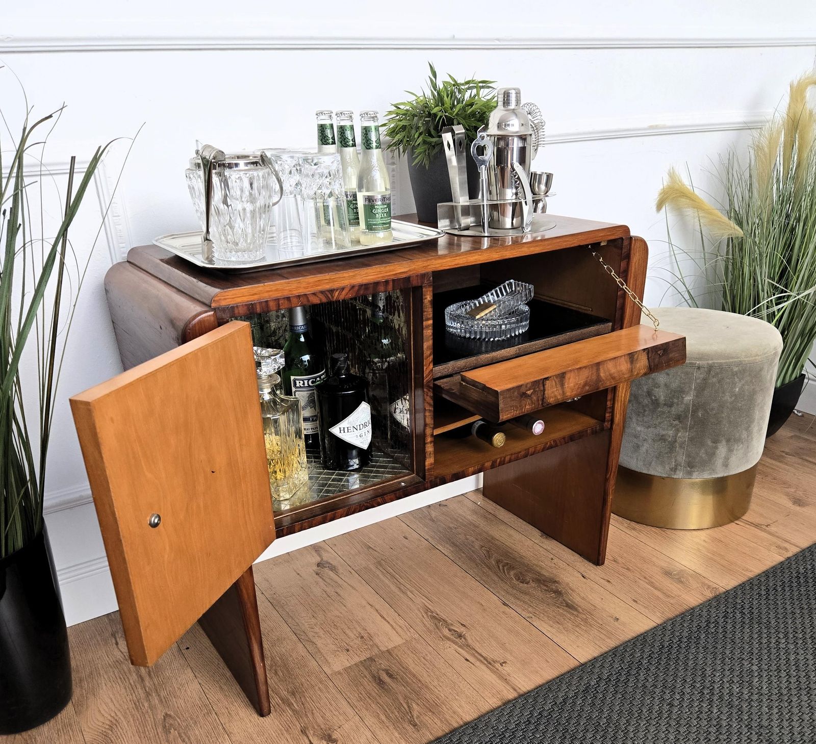 Italian 1940s Art Deco Midcentury Walnut Waterfall Dry Bar Cocktail Cabinet photo vinterior